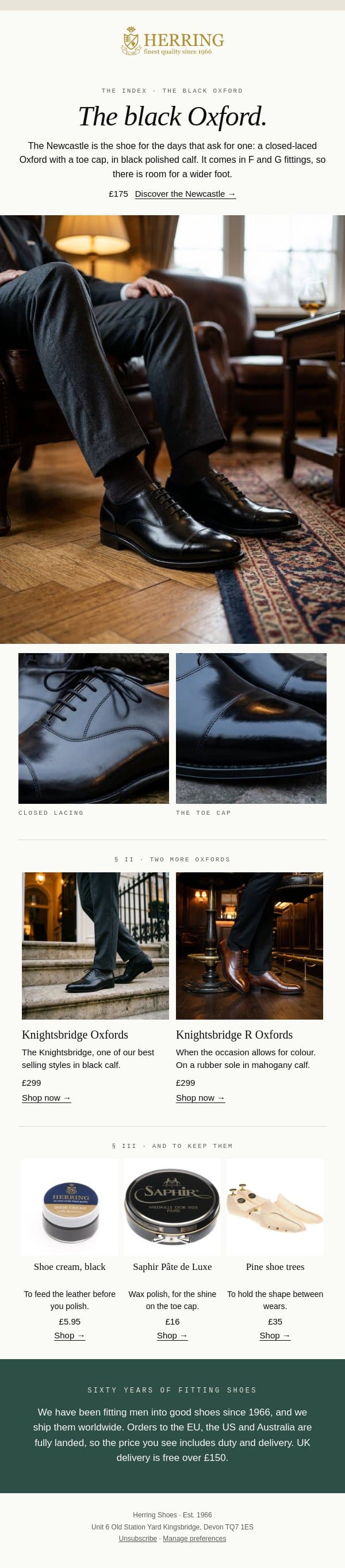 The black Oxford email from Herring Shoes screenshot