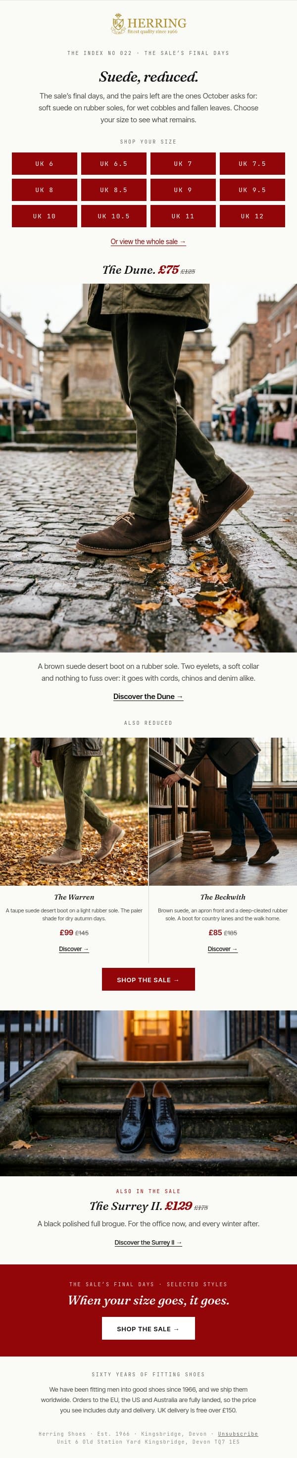 Suede, reduced email from Herring Shoes screenshot