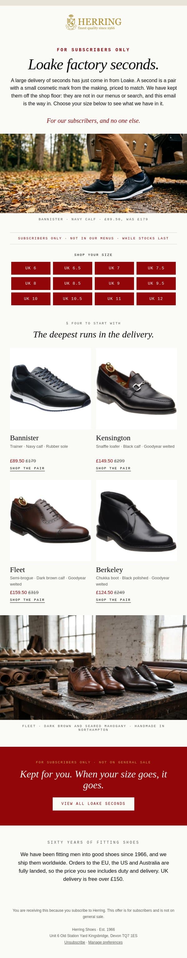 Exclusive Loake factory seconds email from Herring Shoes screenshot