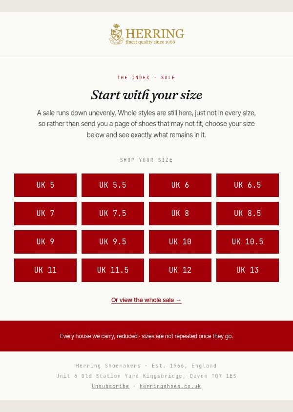 Start with your size email from Herring Shoes screenshot