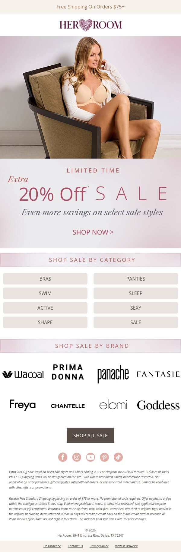 No Tricks, Just Extra 20% Off! email from HerRoom screenshot