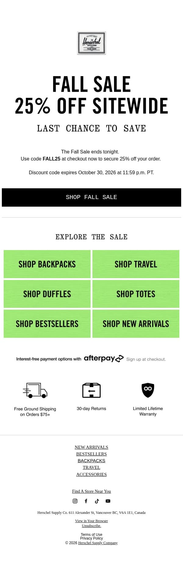 Final Hours: Fall Sale email from Herschel Supply screenshot
