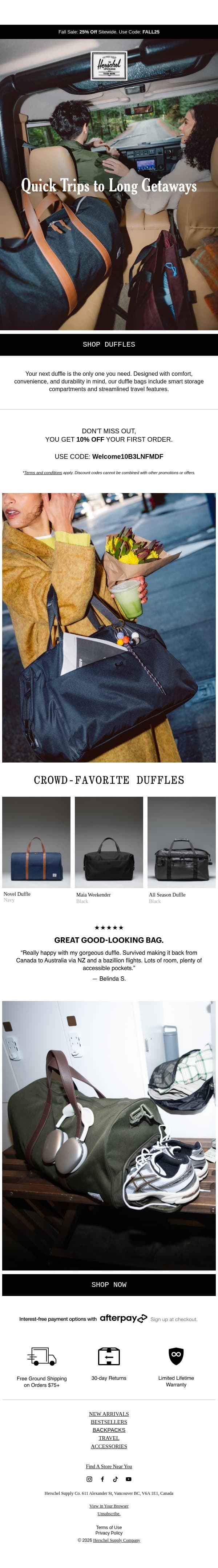 One Duffle For Everything email from Herschel Supply screenshot