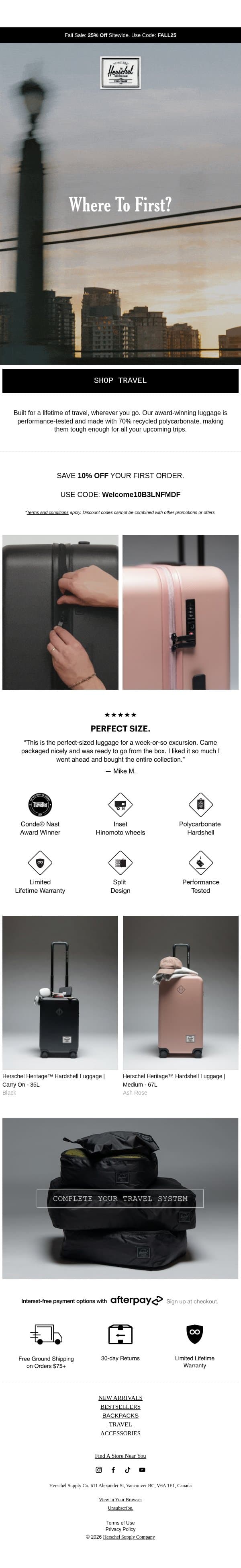 Explore with Herschel Supply Travel email from Herschel Supply screenshot