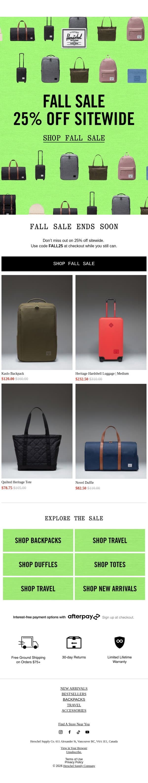 On Now: 25% Off Sitewide email from Herschel Supply screenshot
