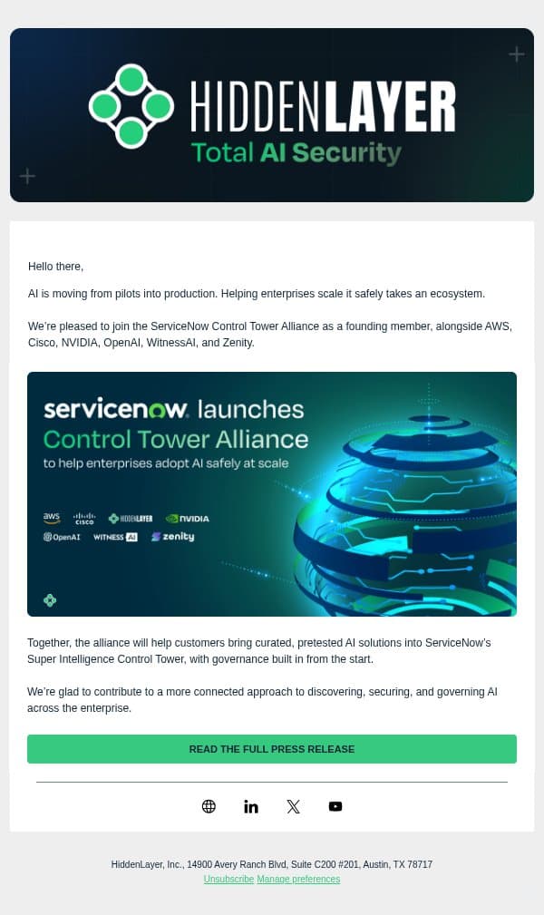 📣 HiddenLayer joins ServiceNow's Control Tower Alliance email from Hidden Layer screenshot