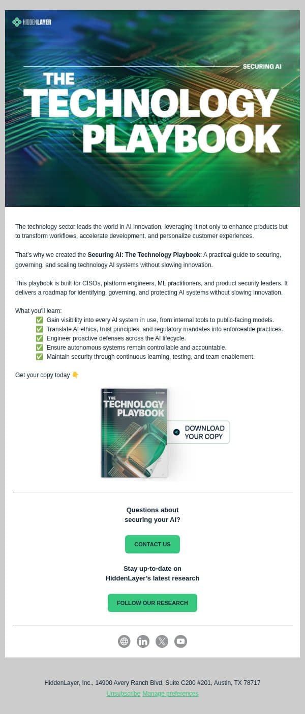 HiddenLayer's Securing AI: The Technology Playbook email from Hidden Layer screenshot