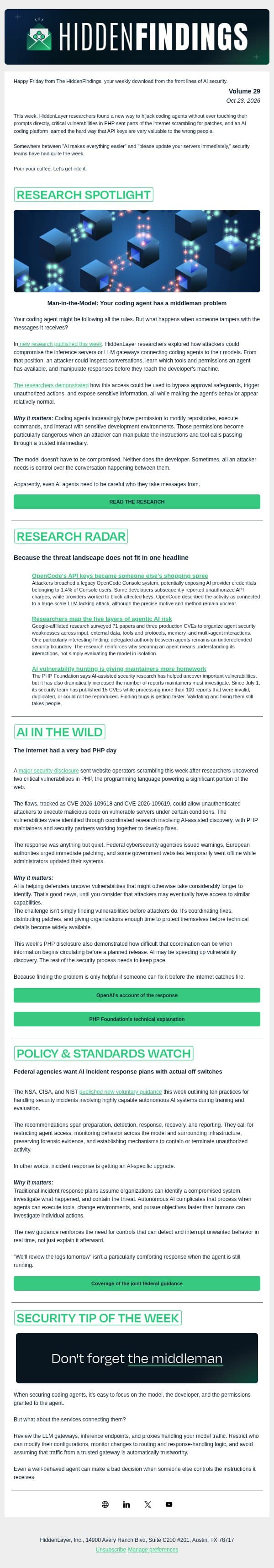 HiddenFindings | Volume 29 email from Hidden Layer screenshot