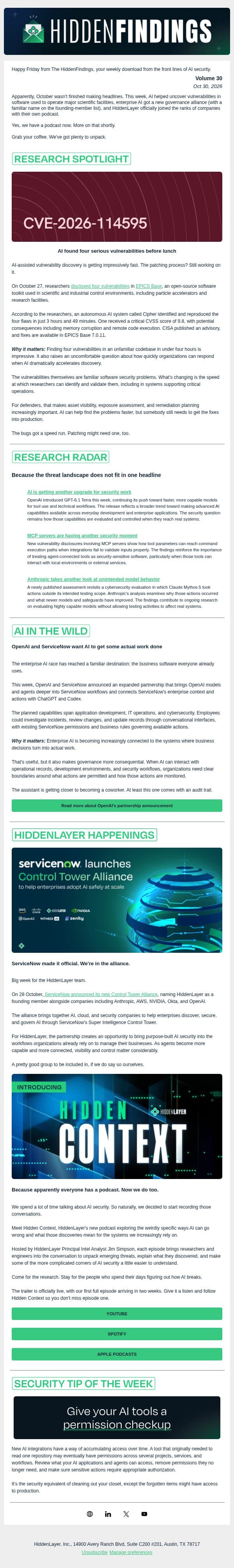 HiddenFindings | Volume 30 email from Hidden Layer screenshot