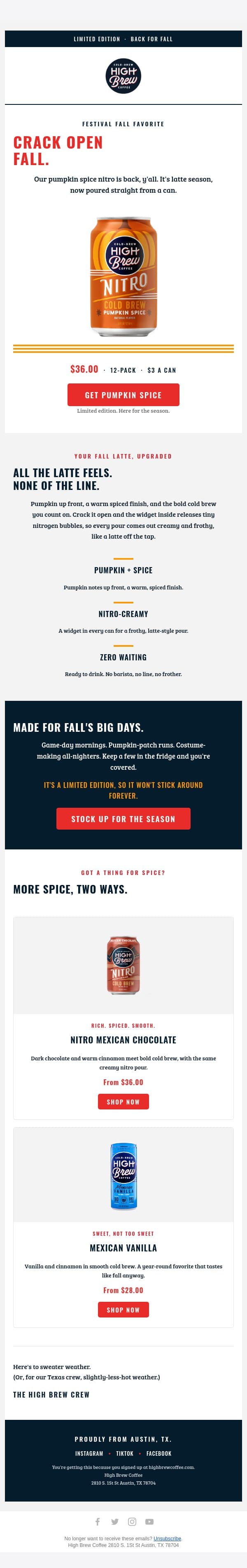 Your fall latte, minus waiting in line. email from High Brew Coffee screenshot