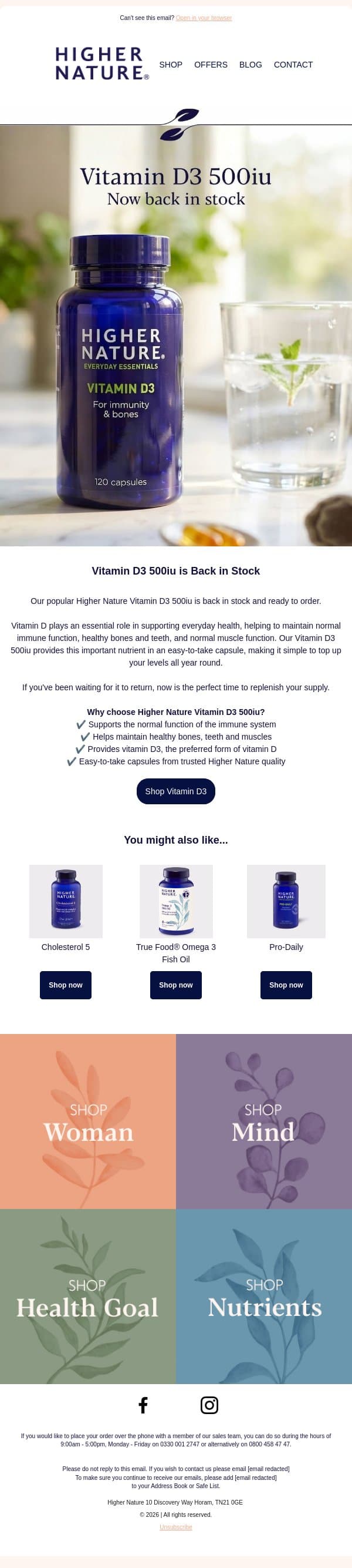 Vitamin D3 - Back In Stock | Immunity & Bone Support email from Higher Nature screenshot