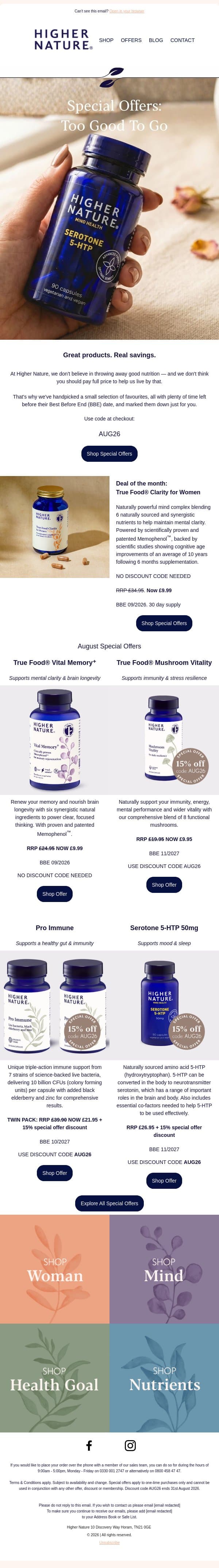 Save up to 70% - selected Special Offers email from Higher Nature screenshot