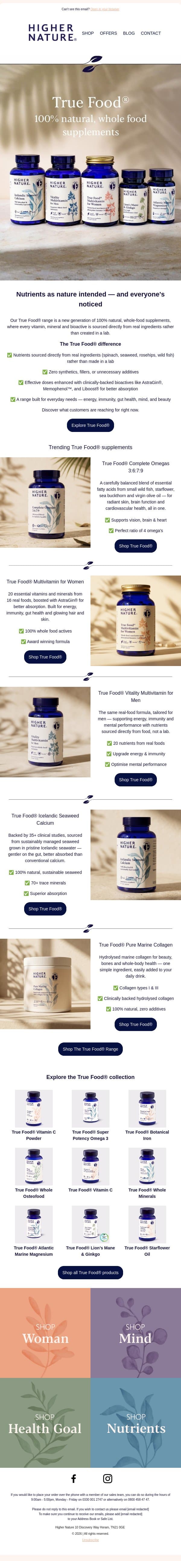 100% Natural Ingredients 🌿 Discover the True Food® Difference email from Higher Nature screenshot