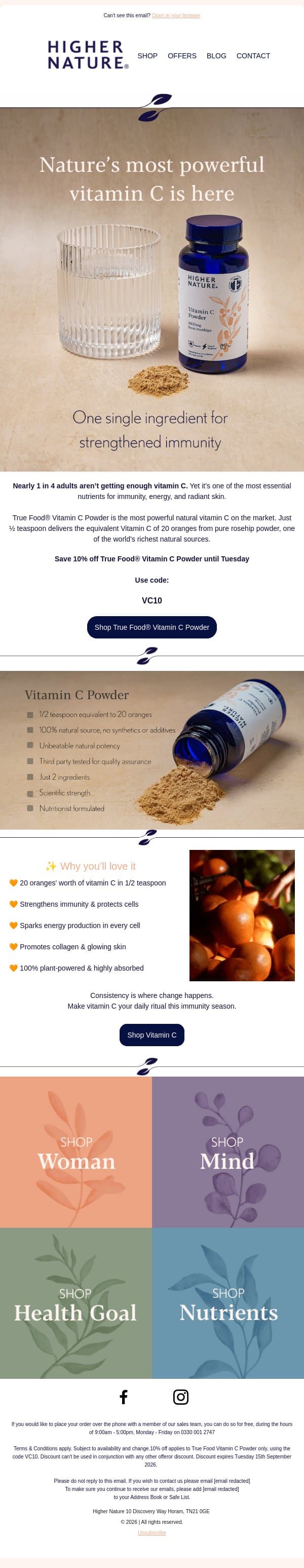 The most powerful natural Vitamin C ๐ True Food Vitamin C Powder email from Higher Nature screenshot