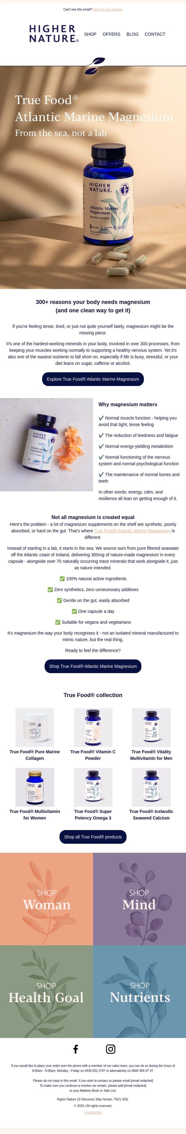 300+ reasons your body needs magnesium (and one clean way to get it) email from Higher Nature screenshot
