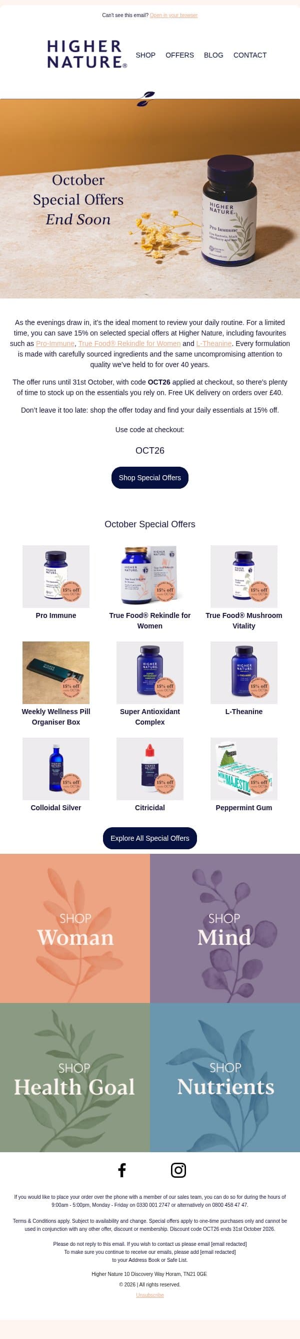 15% off, for a limited time only email from Higher Nature screenshot
