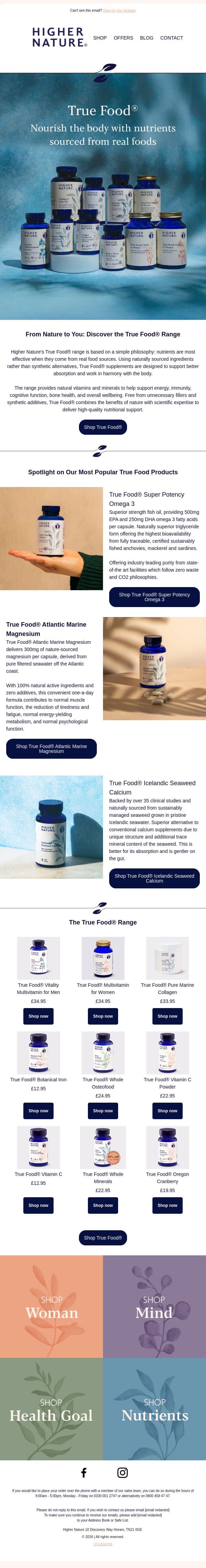 Real Ingredients. Real Benefits. Discover True Food email from Higher Nature screenshot