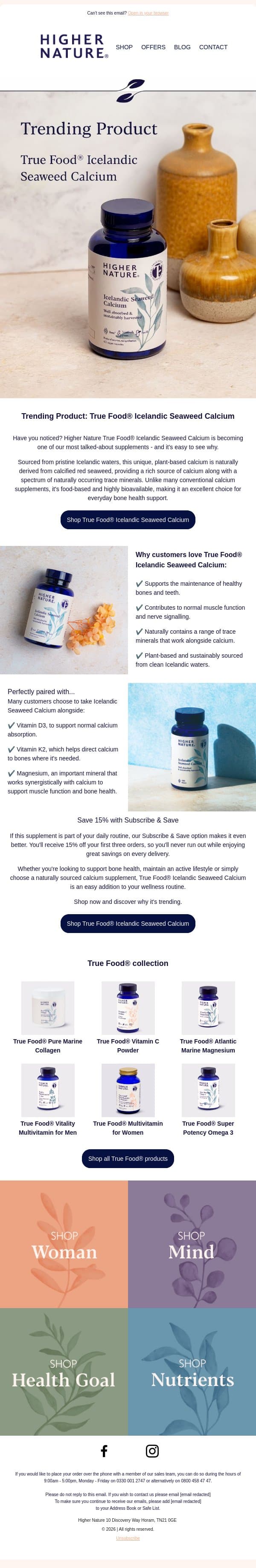 Trending Now: Discover the Benefits of Icelandic Seaweed Calcium email from Higher Nature screenshot