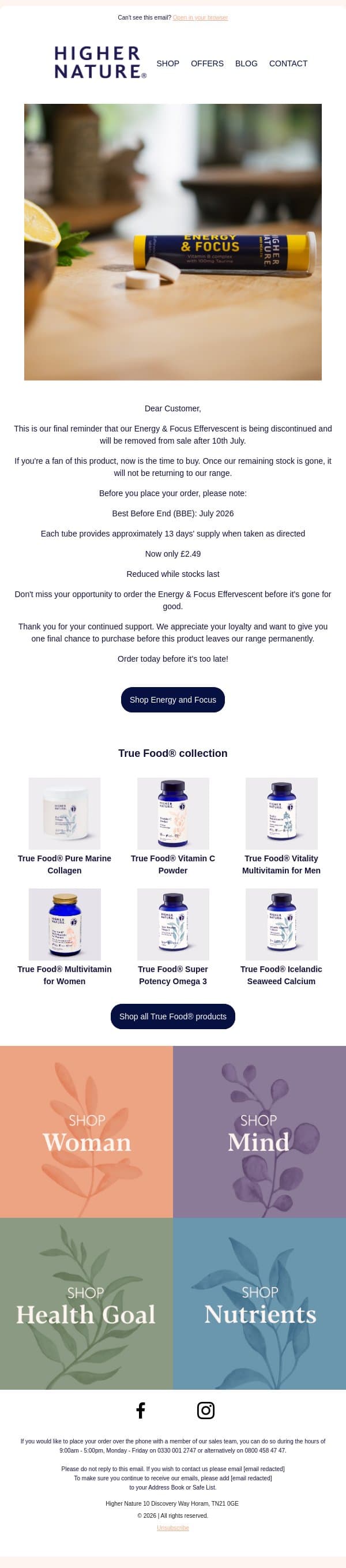 We're Saying Goodbye To Energy and Focus email from Higher Nature screenshot