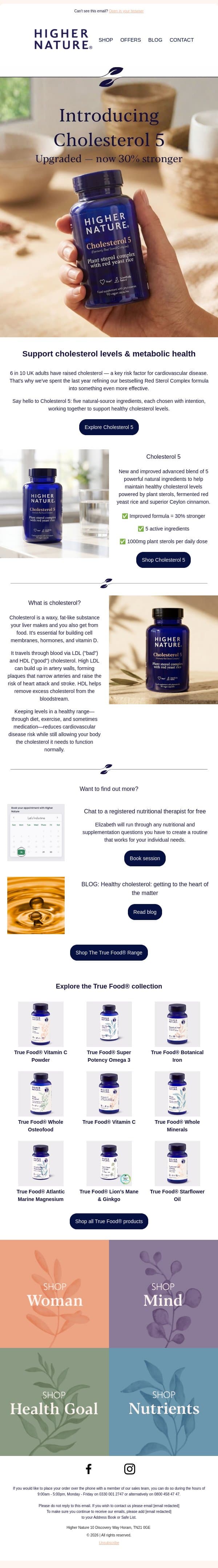 Cholesterol 5 — 30% Stronger, Improved Formula email from Higher Nature screenshot