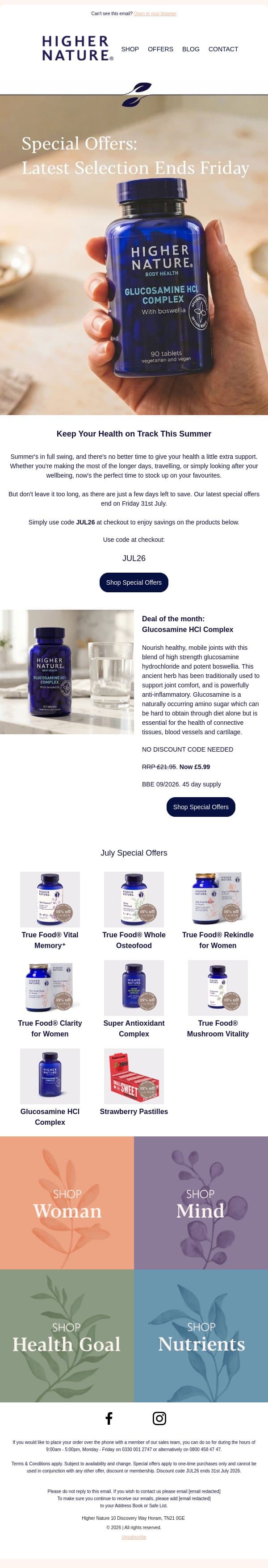 Keep Your Health on Track This Summer email from Higher Nature screenshot