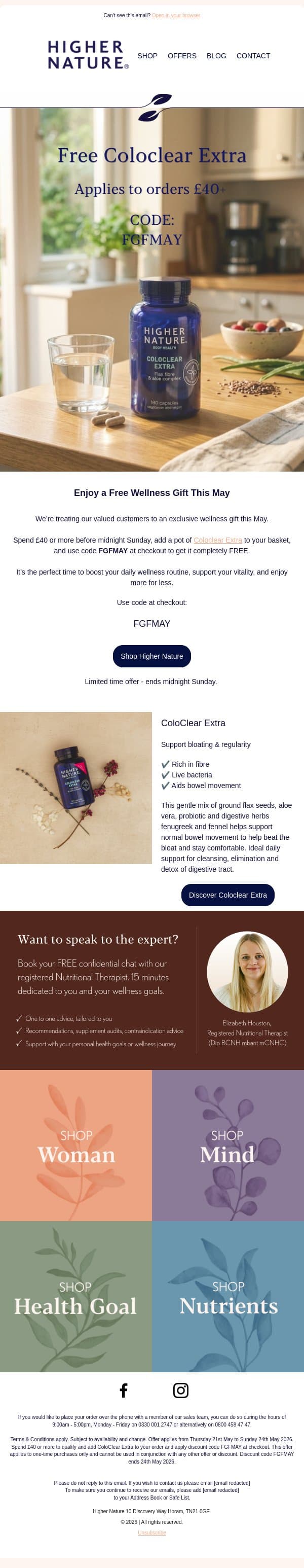 Order Today & Receive A Free Coloclear Extra email from Higher Nature screenshot
