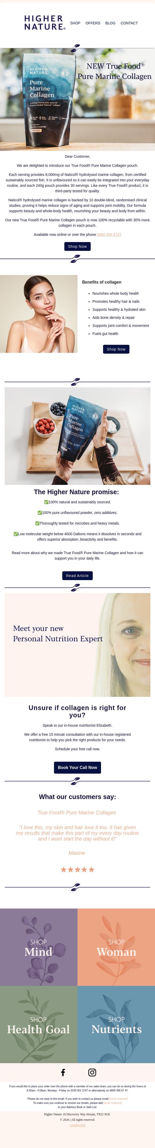 New True Food® Pure Marine Collagen Pouch email from Higher Nature screenshot