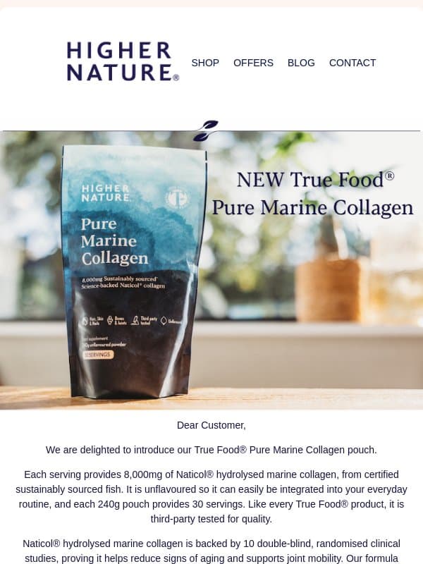 New True Food® Pure Marine Collagen Pouch email from Higher Nature