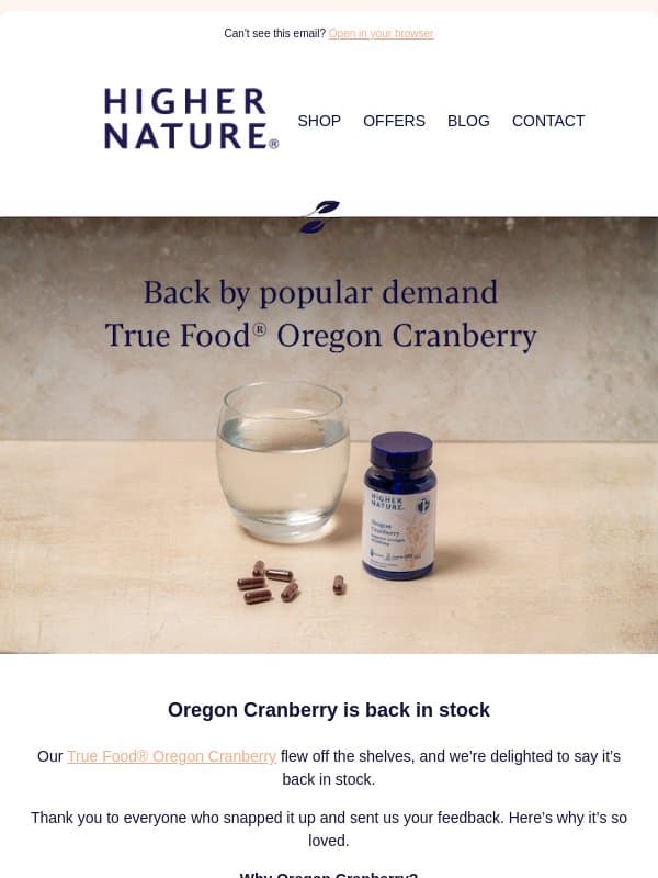 Back in stock: Oregon Cranberry email from Higher Nature