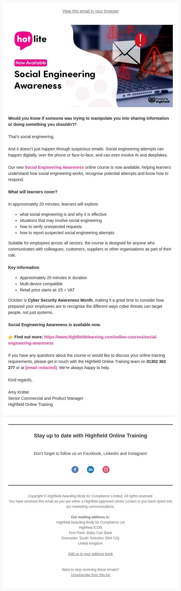 NEW: Social Engineering Awareness Online Training email from Highfield Qualifications screenshot