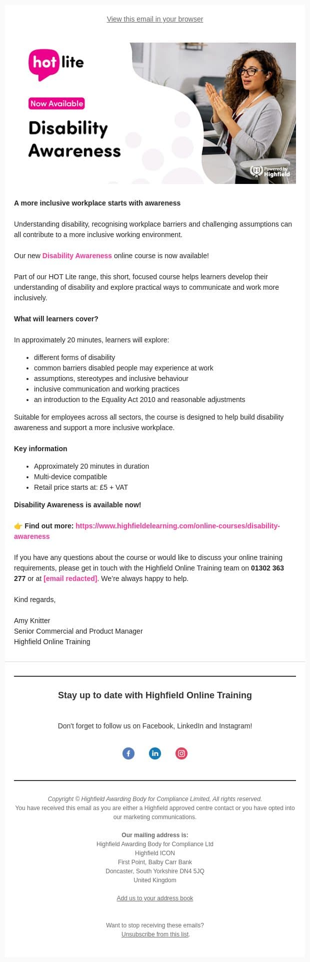 NEW: Disability Awareness Online Training email from Highfield Qualifications screenshot