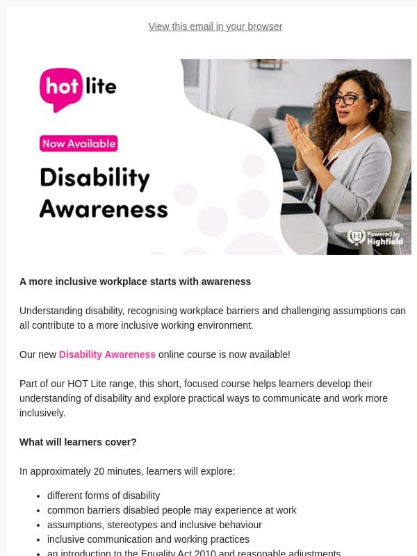 NEW: Disability Awareness Online Training email from Highfield Qualifications