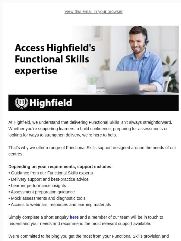 Access Highfield's Functional Skills expertise email from Highfield Qualifications