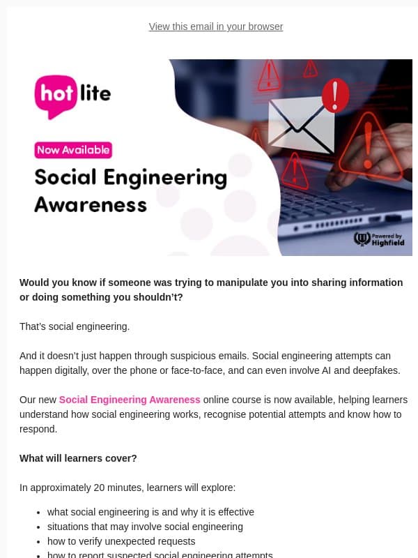 NEW: Social Engineering Awareness Online Training email from Highfield Qualifications