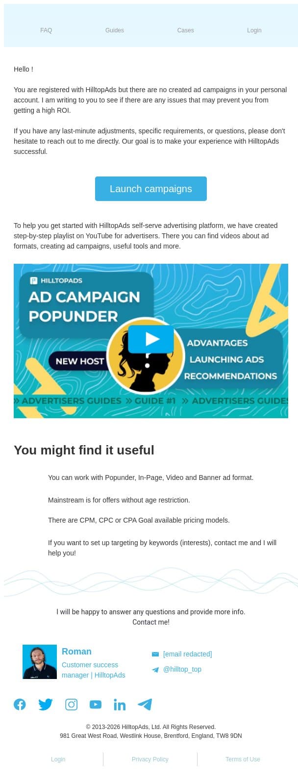 Gentle Reminder: Boost Your Success with HilltopAds! email from HilltopAds screenshot
