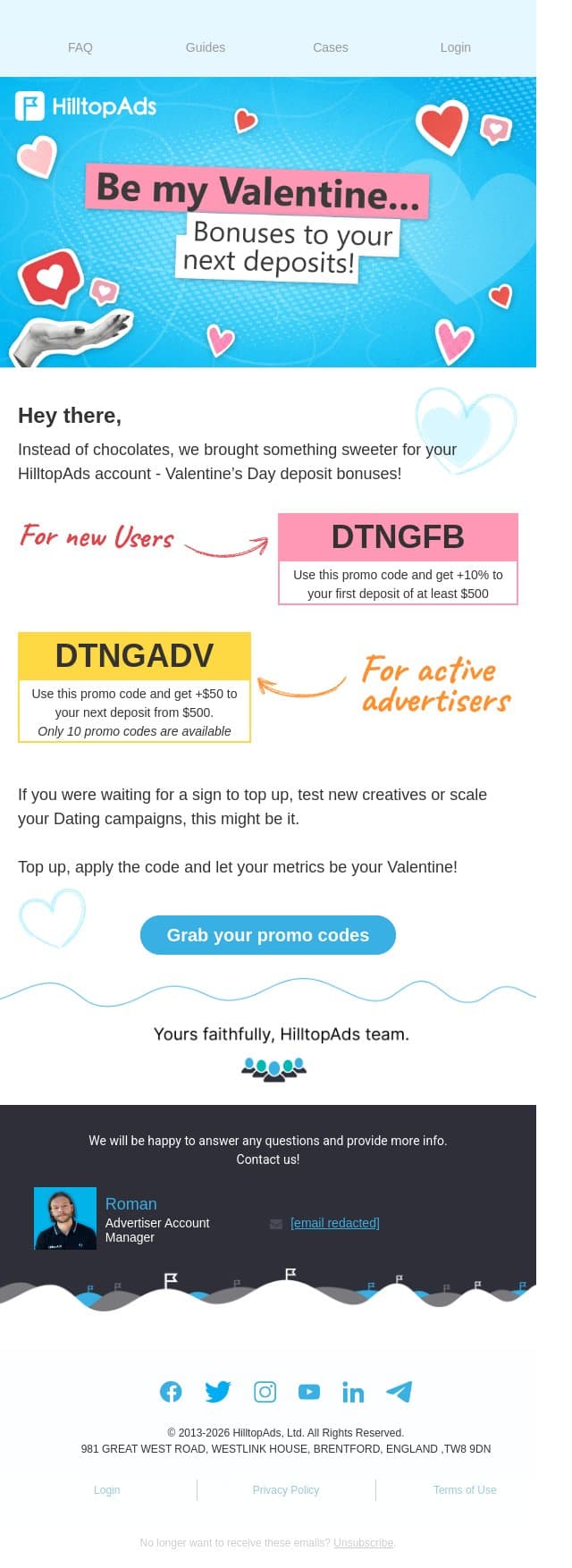 Be my Valentine… 💙 Get bonuses for your deposits! email from HilltopAds screenshot