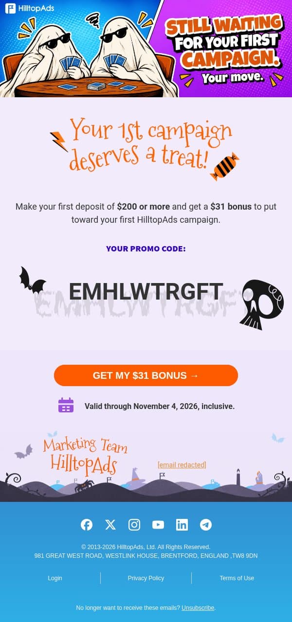A Halloween treat for your first campaign π email from HilltopAds screenshot