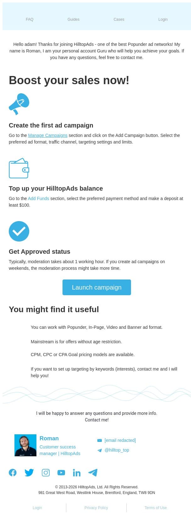 Welcome to the best ad network! email from HilltopAds screenshot