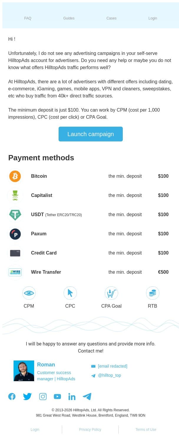 Let your advertising success grow! email from HilltopAds screenshot
