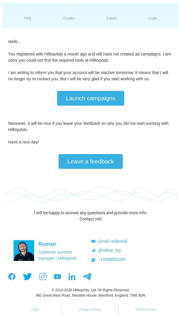 Your account will be inactive tomorrow email from HilltopAds screenshot