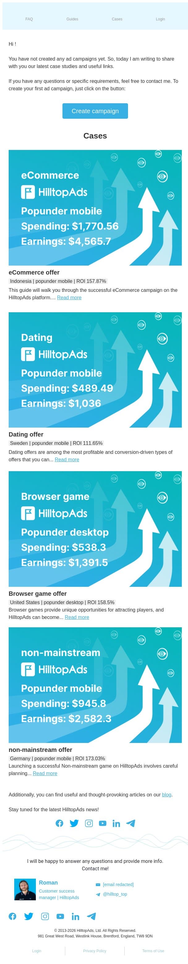 Maximize your impact: Let's get your campaign started! email from HilltopAds screenshot