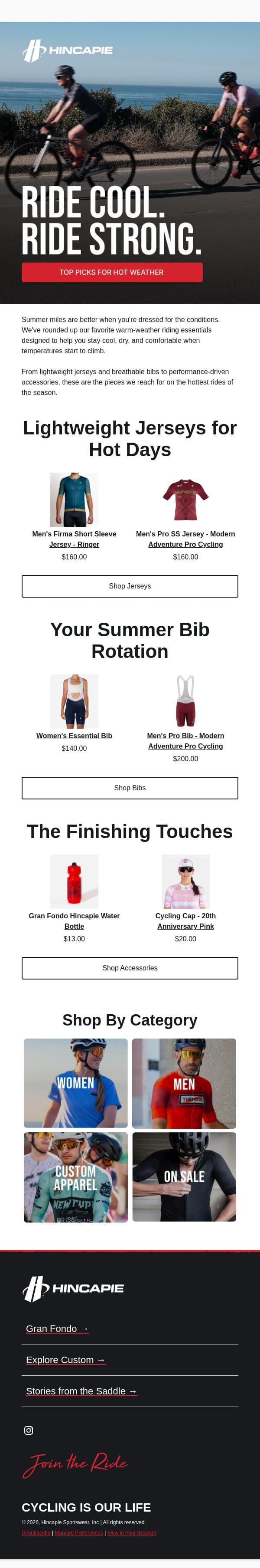 Top Picks for Hot Weather 🚴 email from Hincapie screenshot