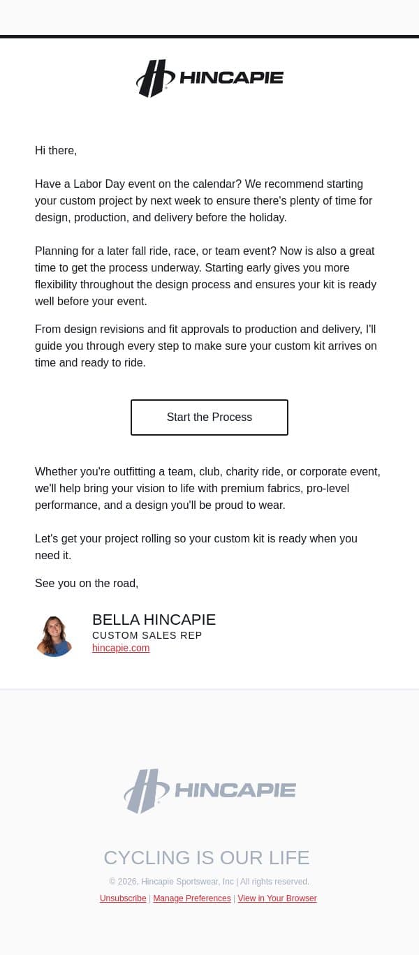Got a fall event coming up? đźš´ email from Hincapie screenshot