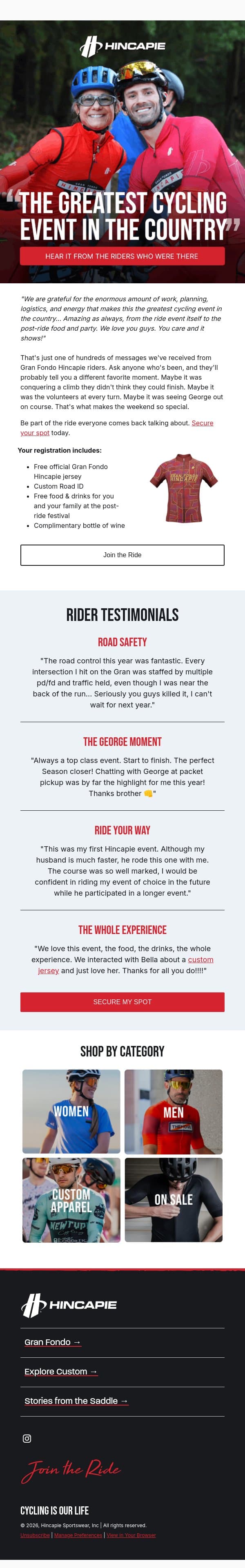 "The Greatest Cycling Event in the Country" email from Hincapie screenshot