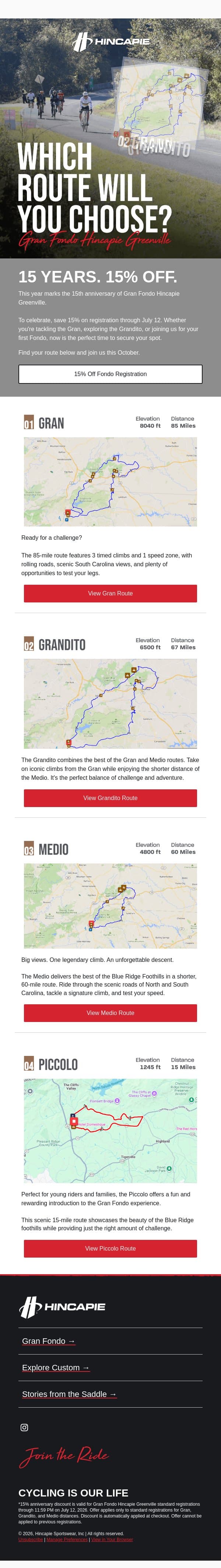 Which Fondo Route Will You Choose? email from Hincapie screenshot