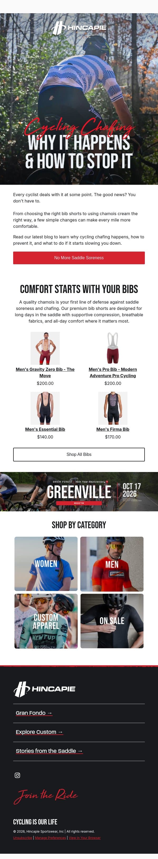 Cycling Chafing: Why It Happens & How to Stop It email from Hincapie screenshot