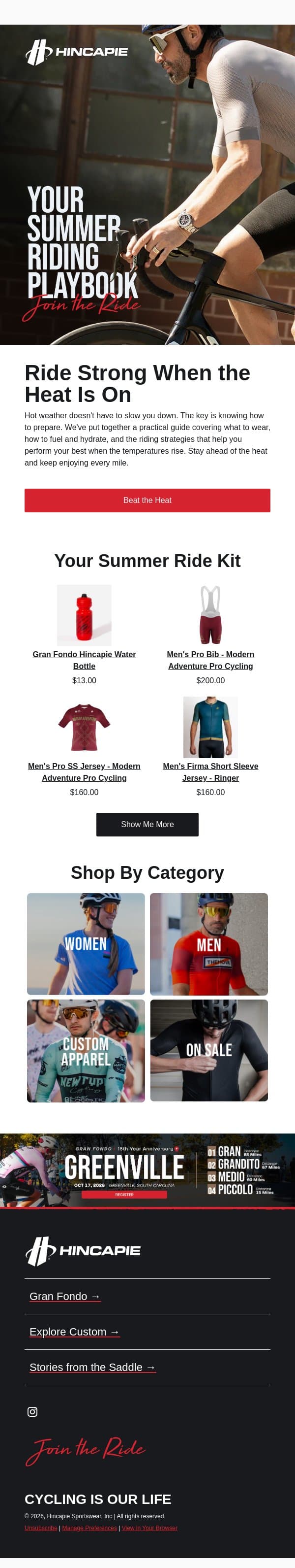 Cyclist Guide to Riding in the Heat π₯π΄ email from Hincapie screenshot
