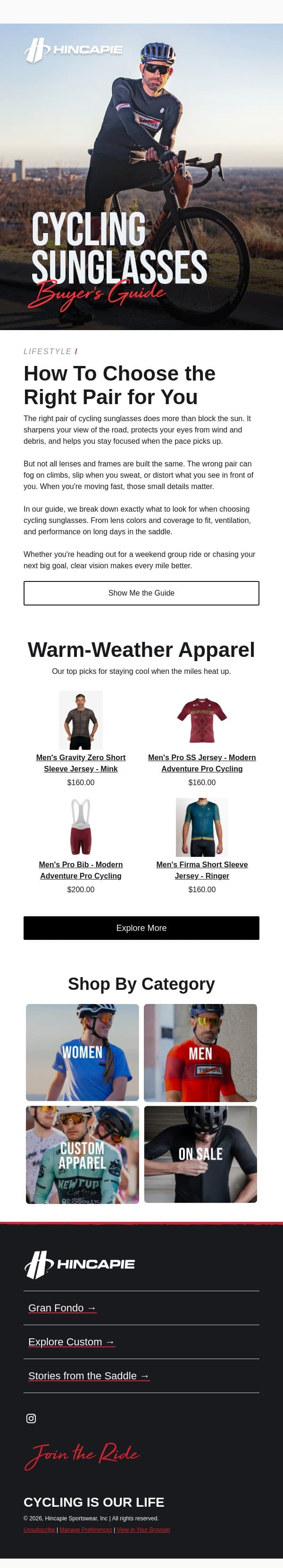 Cycling Sunglasses Buyers Guide email from Hincapie screenshot