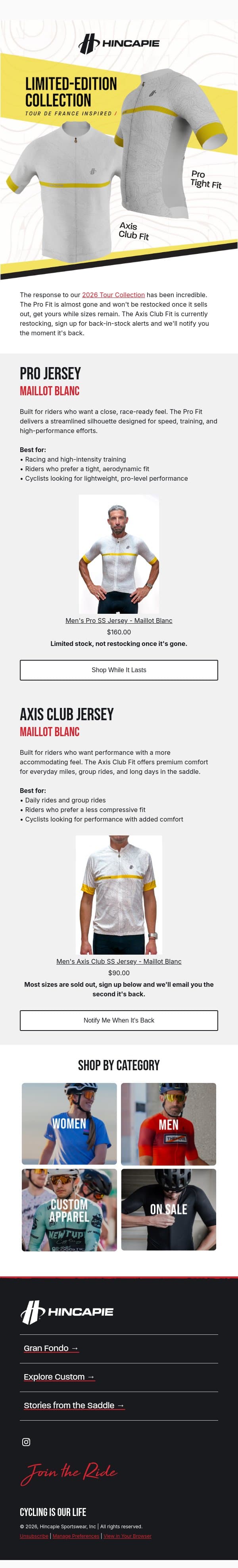 2026 Tour Jersey: Pro vs. Club Fit email from Hincapie screenshot