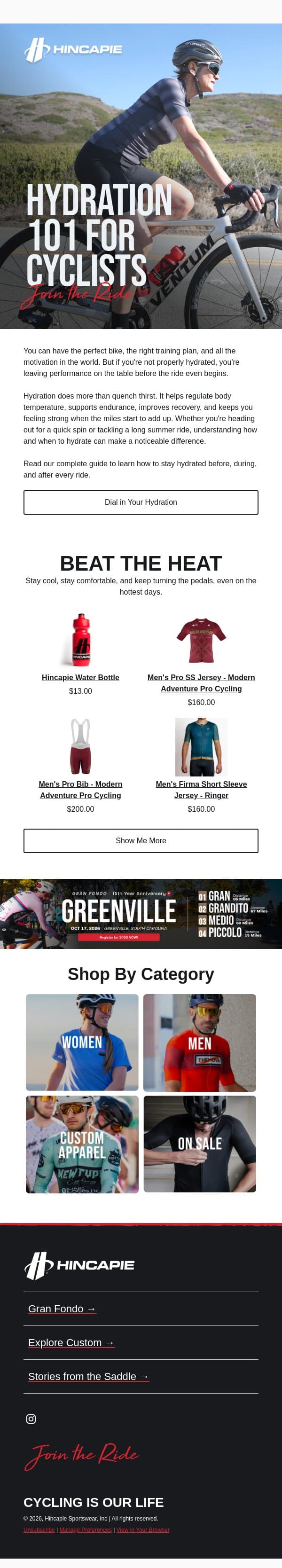 Hydration Guide for Cyclists 🚴 email from Hincapie screenshot
